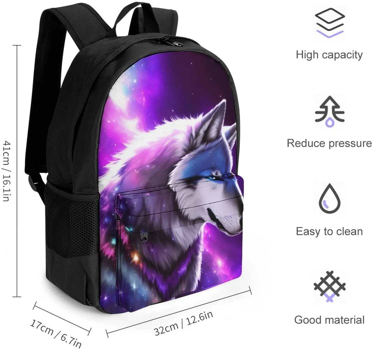 Blue Universe Galaxy Magic Wolf In The Space Art Backpack Lightweight Anti-Theft Multipurpose Shoulder Bag Large Capacity Travel Hiking Backpack With Padded Straps
