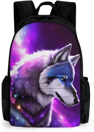Blue Universe Galaxy Magic Wolf In The Space Art Backpack Lightweight Anti-Theft Multipurpose Shoulder Bag Large Capacity Travel Hiking Backpack With Padded Straps