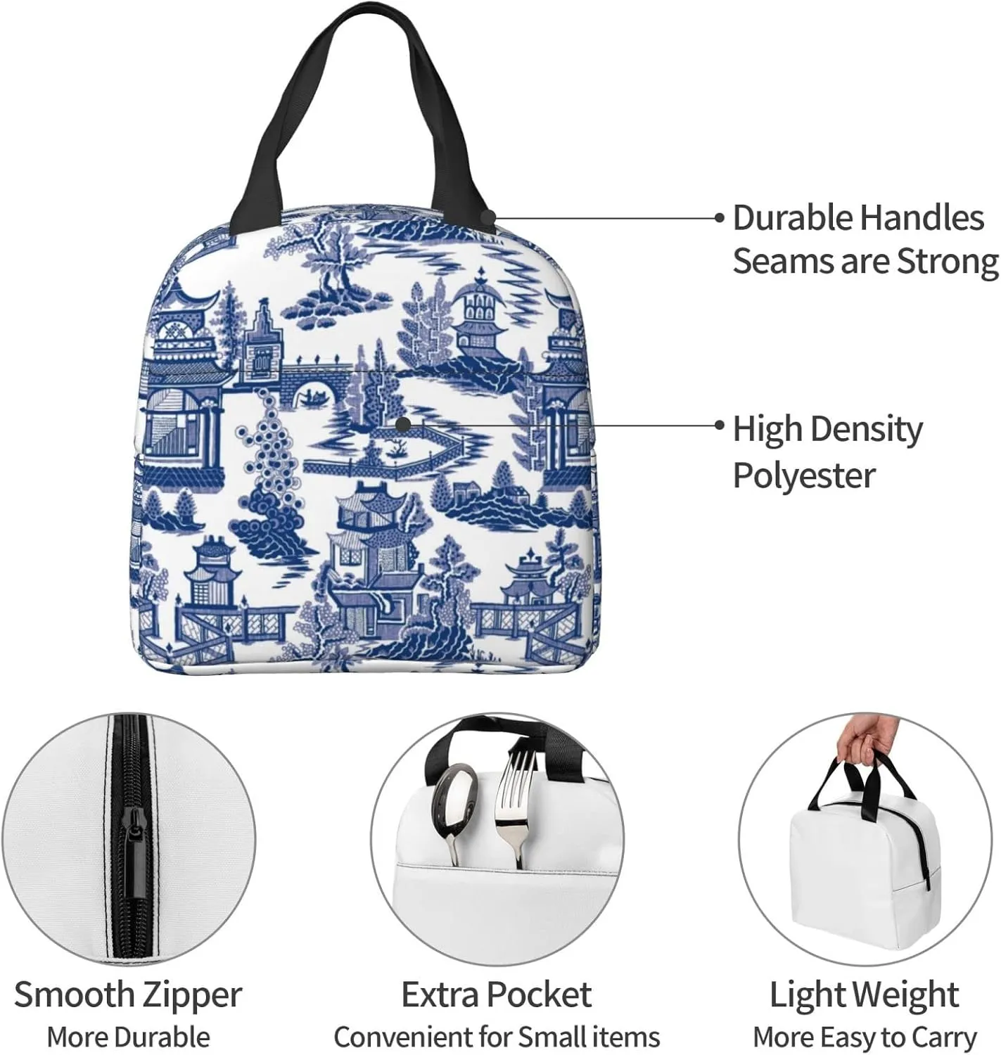 Blue Willow Ancient Ming Chinoiserie Reusable Insulated Lunch Bag, 8.5"x8"x5"
