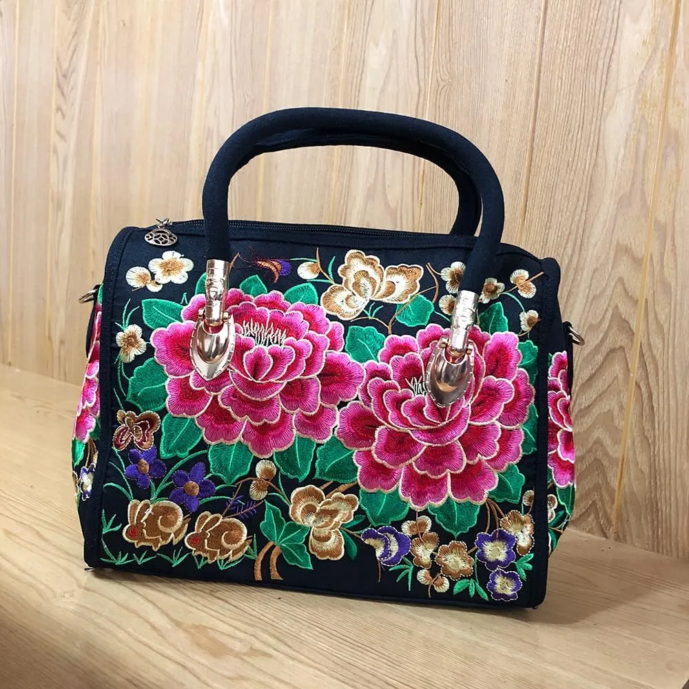 Bohemian Women Floral Embroidered Canvas Handbag Vintage Ladies Casual Ethic Boho Zipper Shoulder Travel Bag Bags