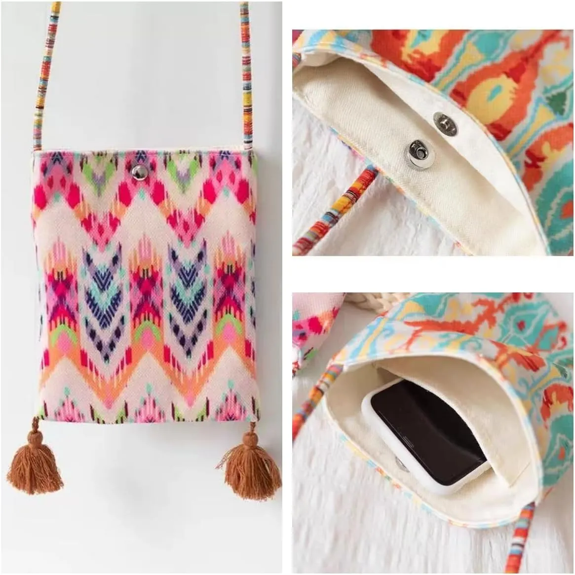 Boho Floral Canvas Crossbody Bag for Women Cute Tassel Small Cell Phone Shoulder Purse Bags Teen Girls Cross body Bag