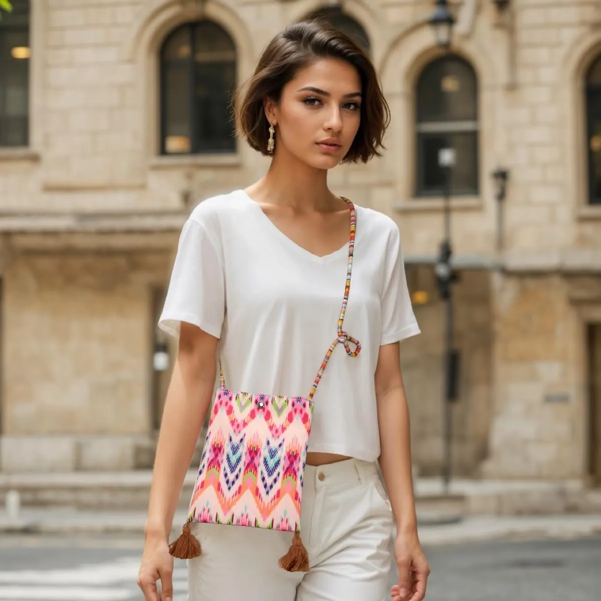 Boho Floral Canvas Crossbody Bag for Women Cute Tassel Small Cell Phone Shoulder Purse Bags Teen Girls Cross body Bag