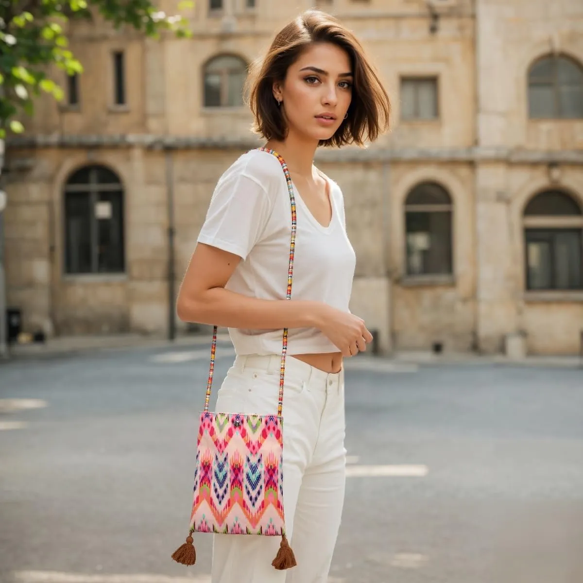 Boho Floral Canvas Crossbody Bag for Women Cute Tassel Small Cell Phone Shoulder Purse Bags Teen Girls Cross body Bag