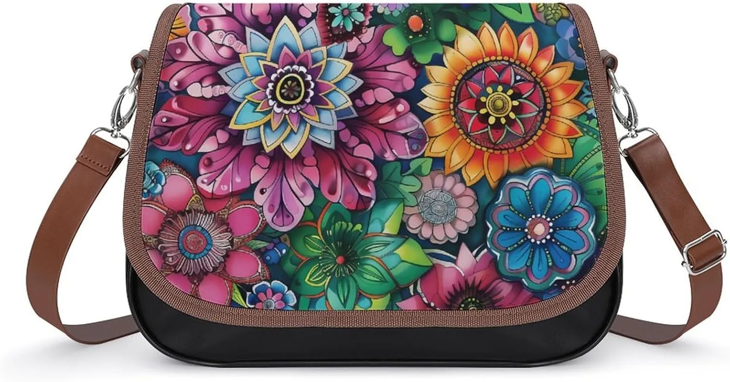 Boho Floral Colorful Flowers Messenger Bag for Women PU Leather Crossbody Bags Shoulder Handbags Purse