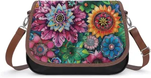 Boho Floral Colorful Flowers Messenger Bag for Women PU Leather Crossbody Bags Shoulder Handbags Purse