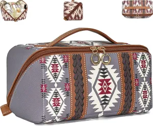 Boho Western Style Makeup Bag, PU Casual Colorblock Makeup Organizer Pouch, Versatile Waterproof Portable Organizer Pouch, Portable Large Capacity Travel Organizer Bags for Women (Purple)