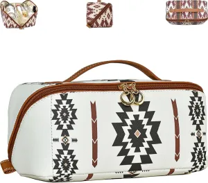 Boho Western Style Makeup Bag, PU Casual Colorblock Makeup Organizer Pouch, Versatile Waterproof Portable Organizer Pouch, Portable Large Capacity Travel Organizer Bags for Women (White)