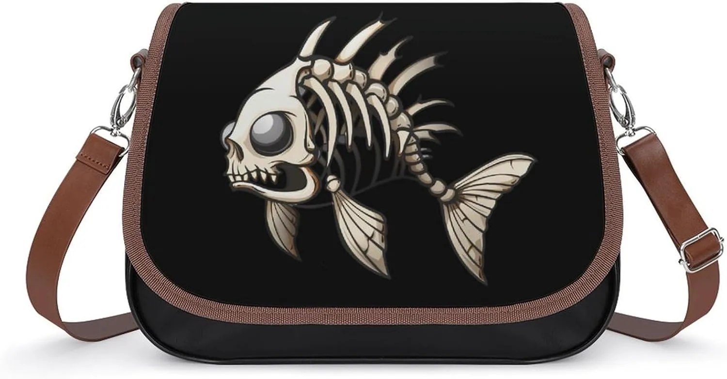 Bone Fish Skeleton Messenger Bag for Women PU Leather Crossbody Bags Shoulder Handbags Purse