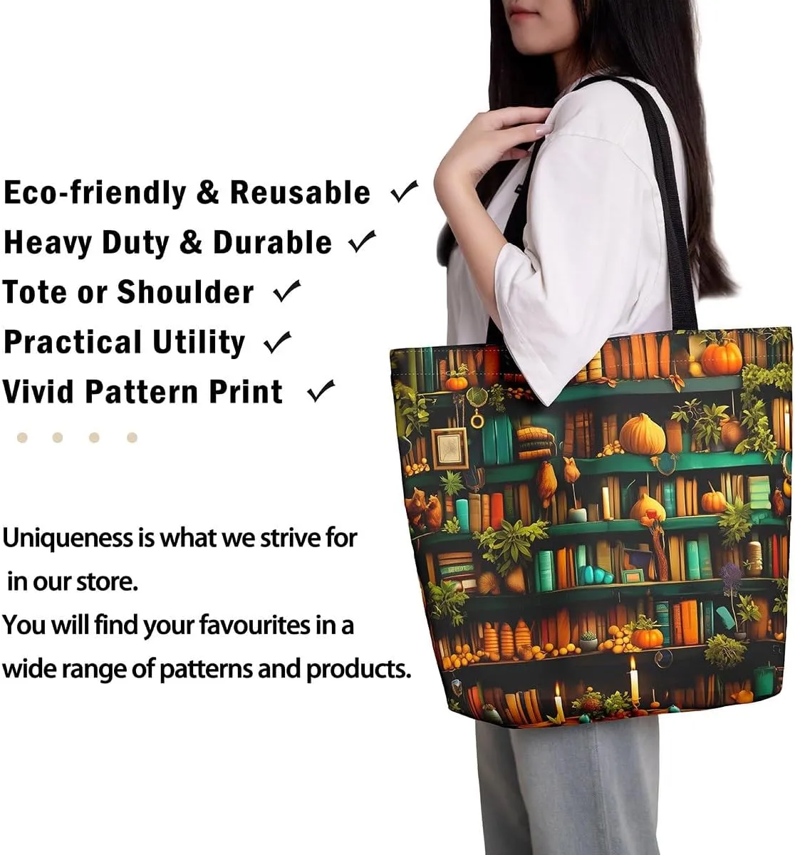 Bookshelf Canvas Tote Bag,Vintage Bookcase Tote Bag,Educational Back to School Shoulder Bag