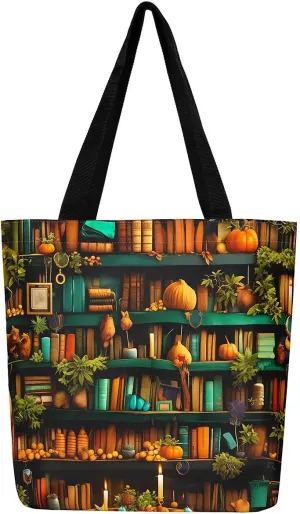 Bookshelf Canvas Tote Bag,Vintage Bookcase Tote Bag,Educational Back to School Shoulder Bag
