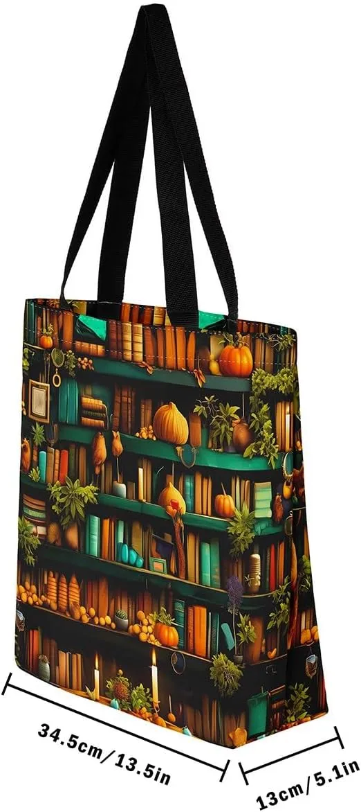 Bookshelf Canvas Tote Bag,Vintage Bookcase Tote Bag,Educational Back to School Shoulder Bag