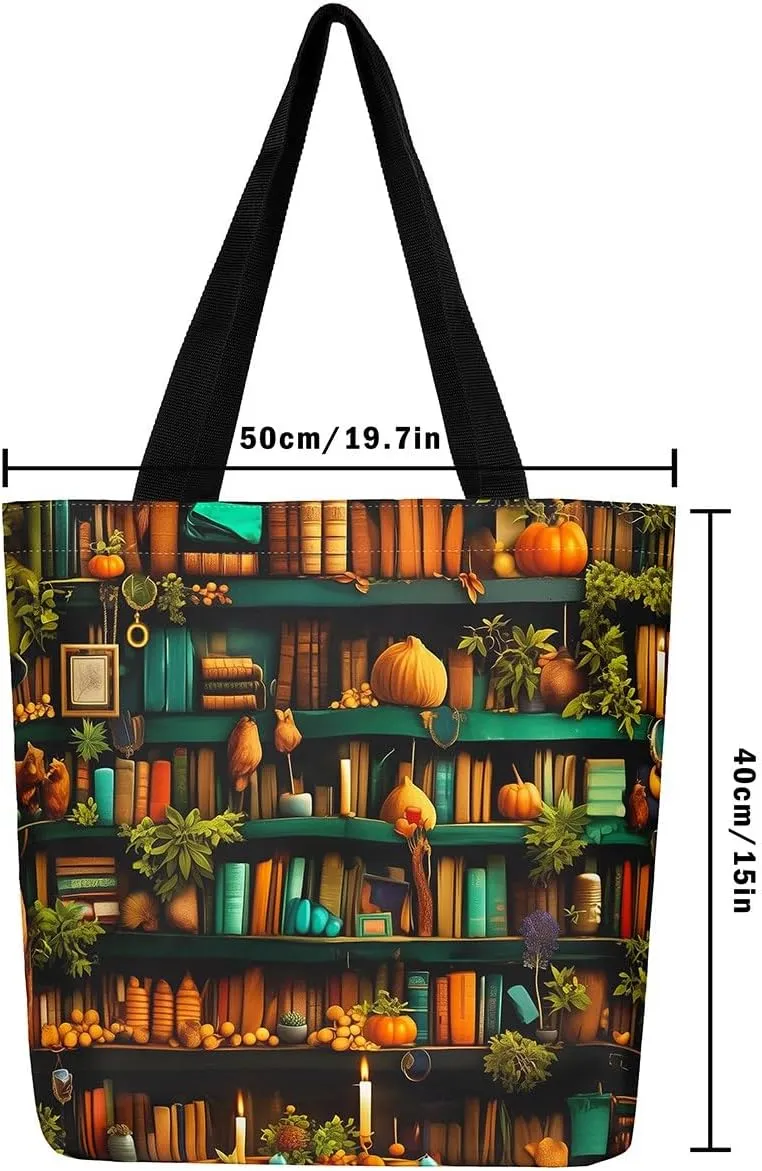 Bookshelf Canvas Tote Bag,Vintage Bookcase Tote Bag,Educational Back to School Shoulder Bag