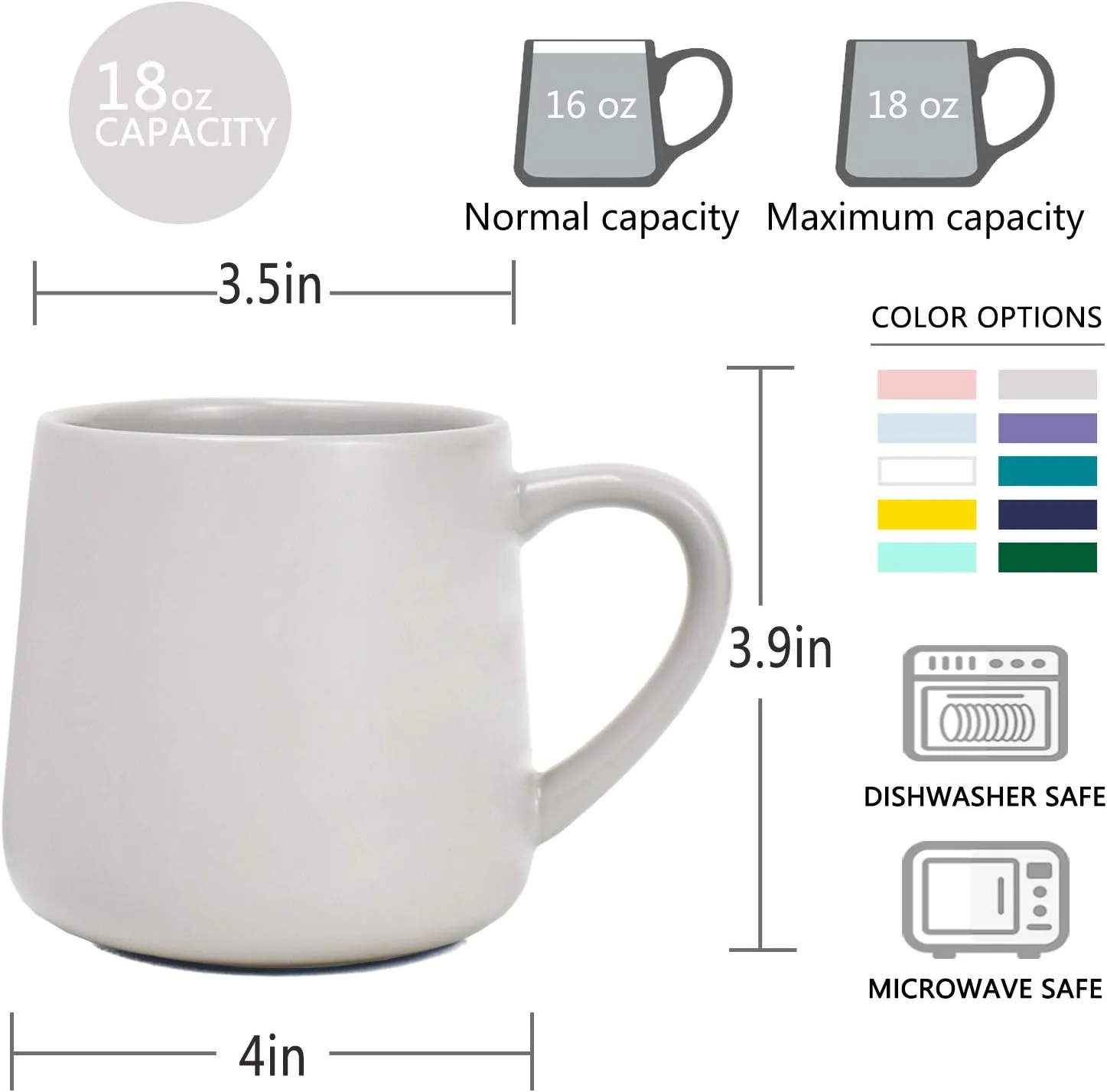 Bosmarlin Large Glossy Ceramic Coffee Mugs Set of 2, Tea Cup for Office and Home, 18 oz, Suitable for Dishwasher and Microwave(Gray, 2)