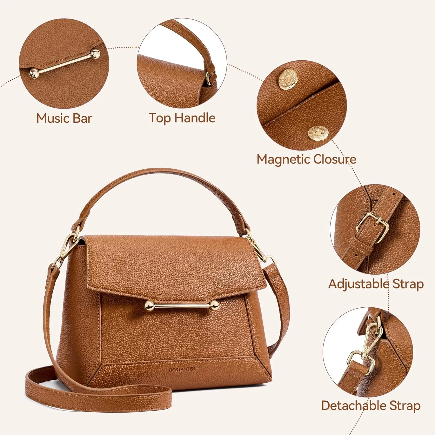 BOSTANTEN Small Crossbody Bags for Women Trendy Top Handle Shoulder Purse Vegan Leather Handbags with Flap