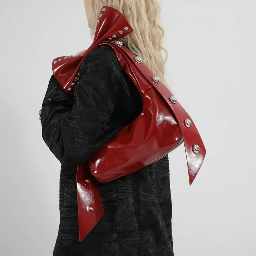 Bow-Tie Hobo Bags Women 2025 Trendy Y2k Rivet Shoulder Bags Bowknot Underarm Handbag Purse for Party Vacation Makeup