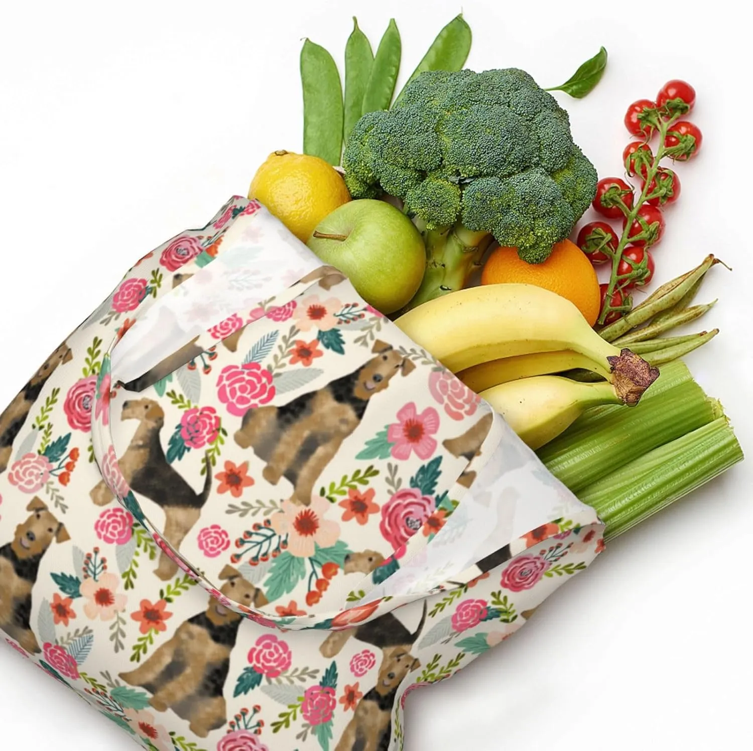 Boxer Dogs Rose Flower Floral Canvas Tote Bags For Grocery Shopping Reusable Cloth Bags Soft Shoulder Bag