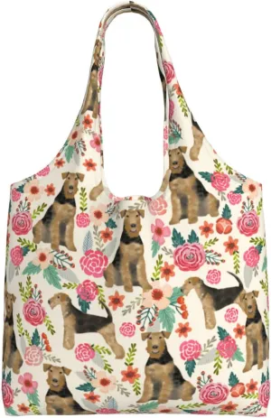 Boxer Dogs Rose Flower Floral Canvas Tote Bags For Grocery Shopping Reusable Cloth Bags Soft Shoulder Bag
