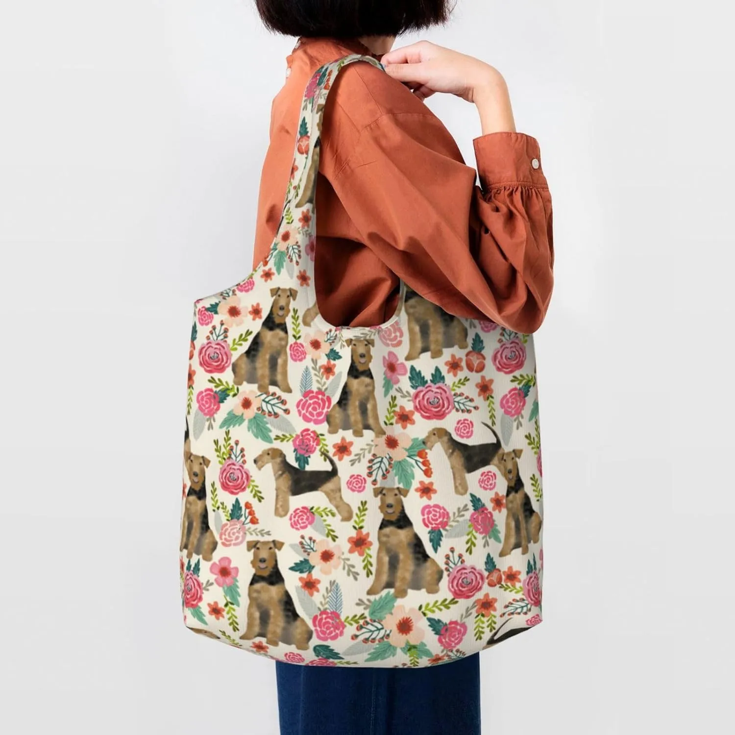 Boxer Dogs Rose Flower Floral Canvas Tote Bags For Grocery Shopping Reusable Cloth Bags Soft Shoulder Bag