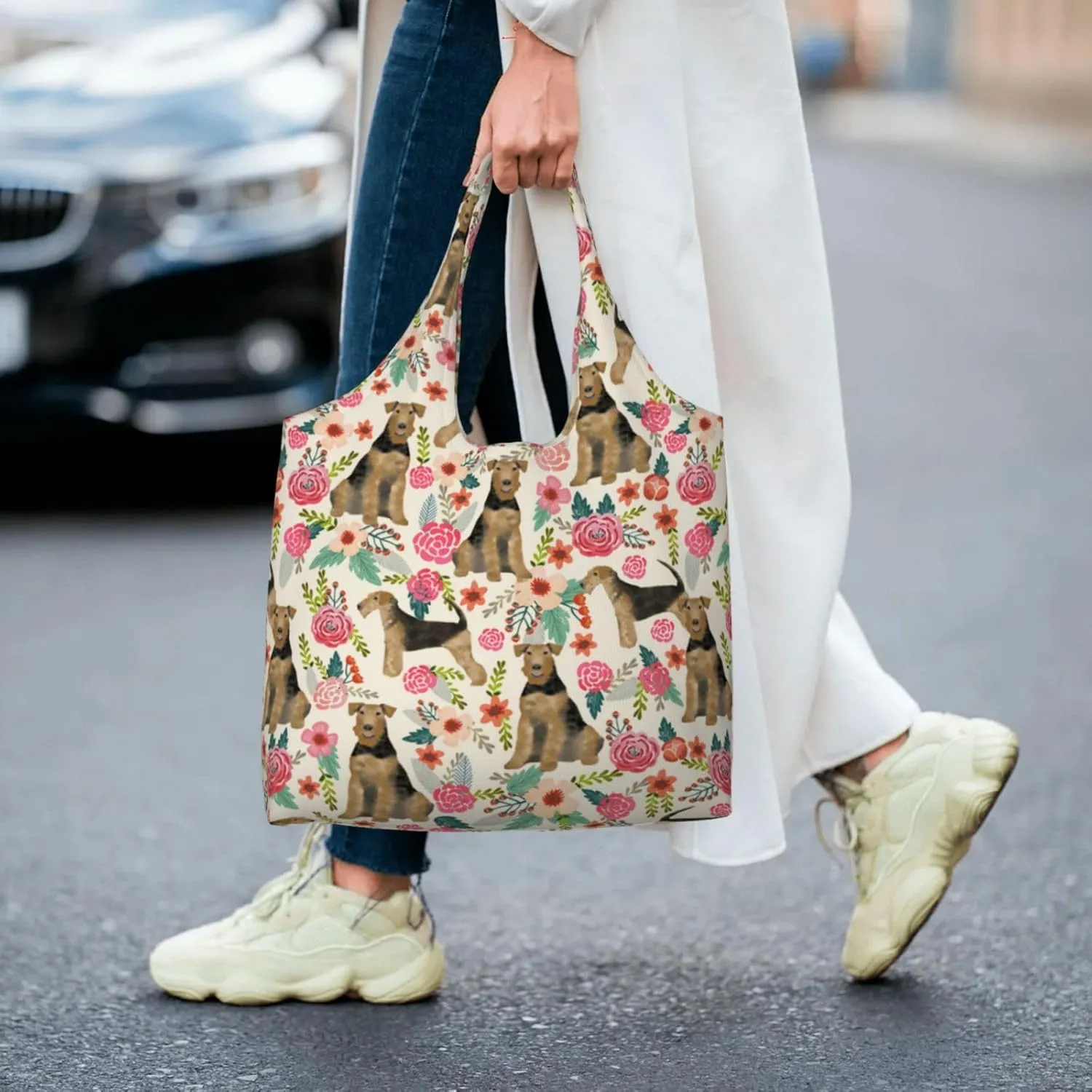 Boxer Dogs Rose Flower Floral Canvas Tote Bags For Grocery Shopping Reusable Cloth Bags Soft Shoulder Bag