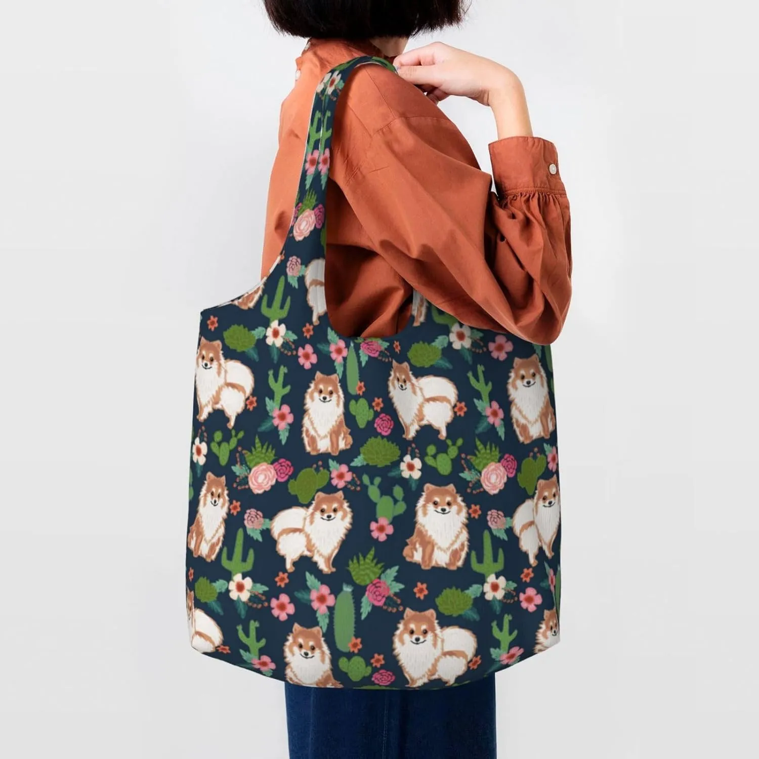 Boxer Dogs Rose Flower Floral Canvas Tote Bags For Grocery Shopping Reusable Cloth Bags Soft Shoulder Bag