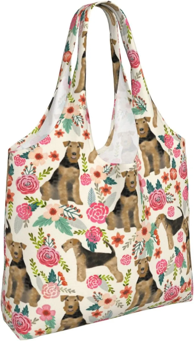 Boxer Dogs Rose Flower Floral Canvas Tote Bags For Grocery Shopping Reusable Cloth Bags Soft Shoulder Bag
