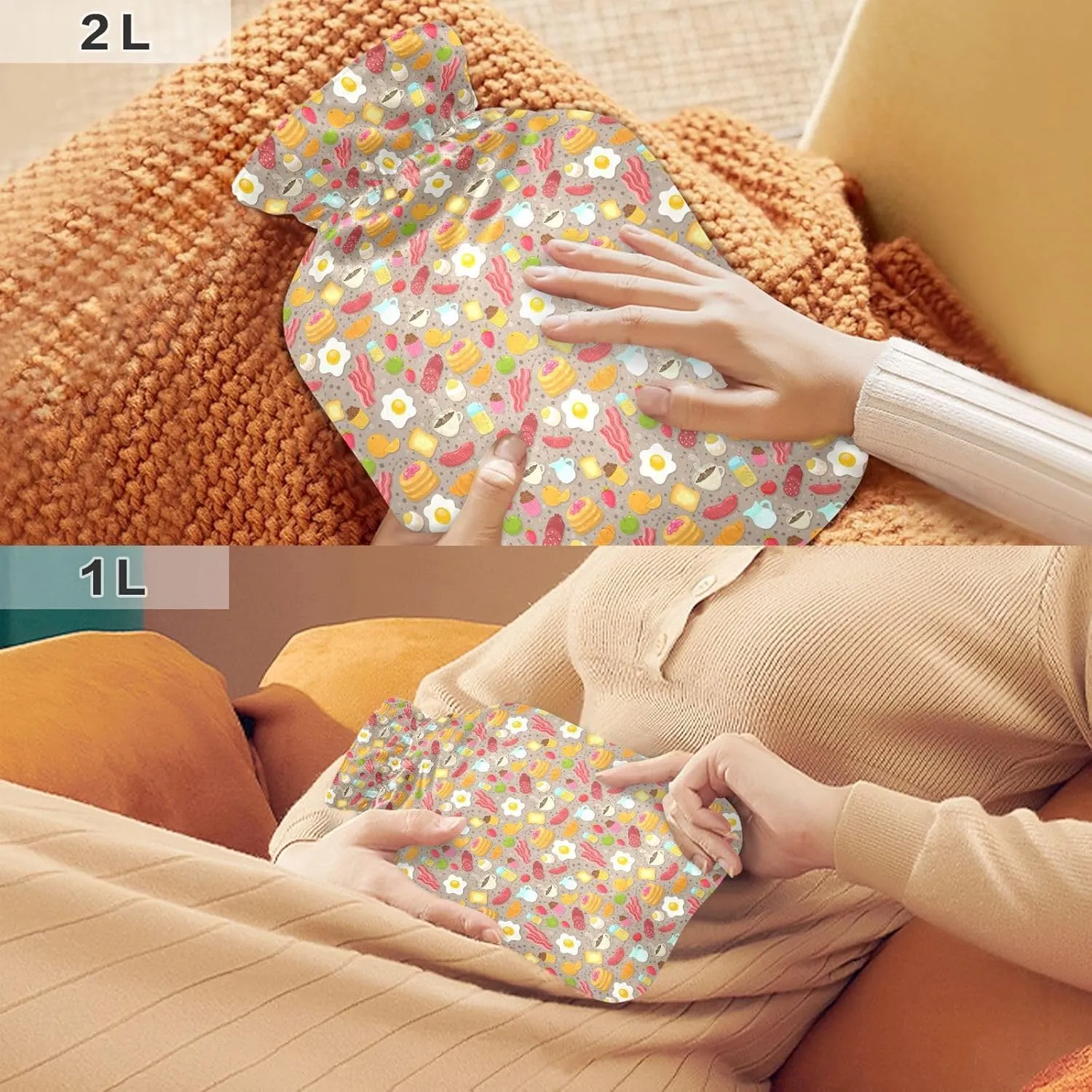 Breakfast Beige Classic Hot Water Bottle with Cover 2L Transparent Hot Water Bags Portable Hot Water Bottle for Menstrual Cramps, Neck and Shoulder Pain Relief
