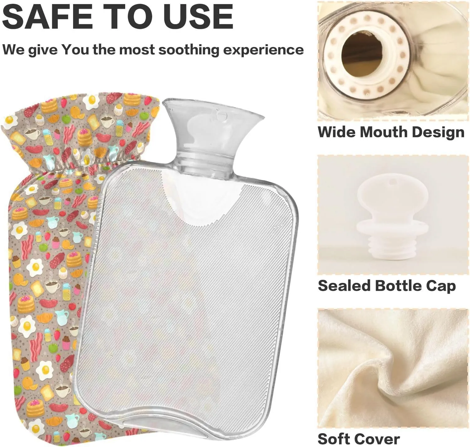Breakfast Beige Classic Hot Water Bottle with Cover 2L Transparent Hot Water Bags Portable Hot Water Bottle for Menstrual Cramps, Neck and Shoulder Pain Relief