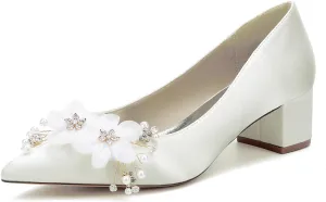 Bridal for Wedding Shoes Flowers Slip-On Heels Women Pumps Women Bride Sandals Closed Toe Dress Shoes Satin Prom Elegant Block Heel