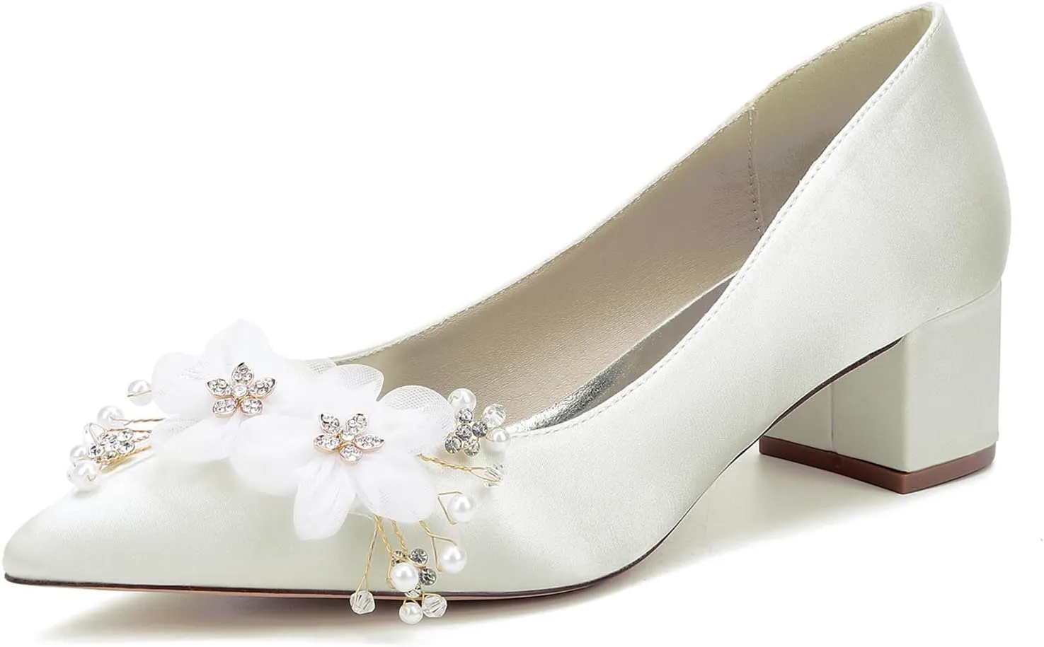 Bridal for Wedding Shoes Flowers Slip-On Heels Women Pumps Women Bride Sandals Closed Toe Dress Shoes Satin Prom Elegant Block Heel