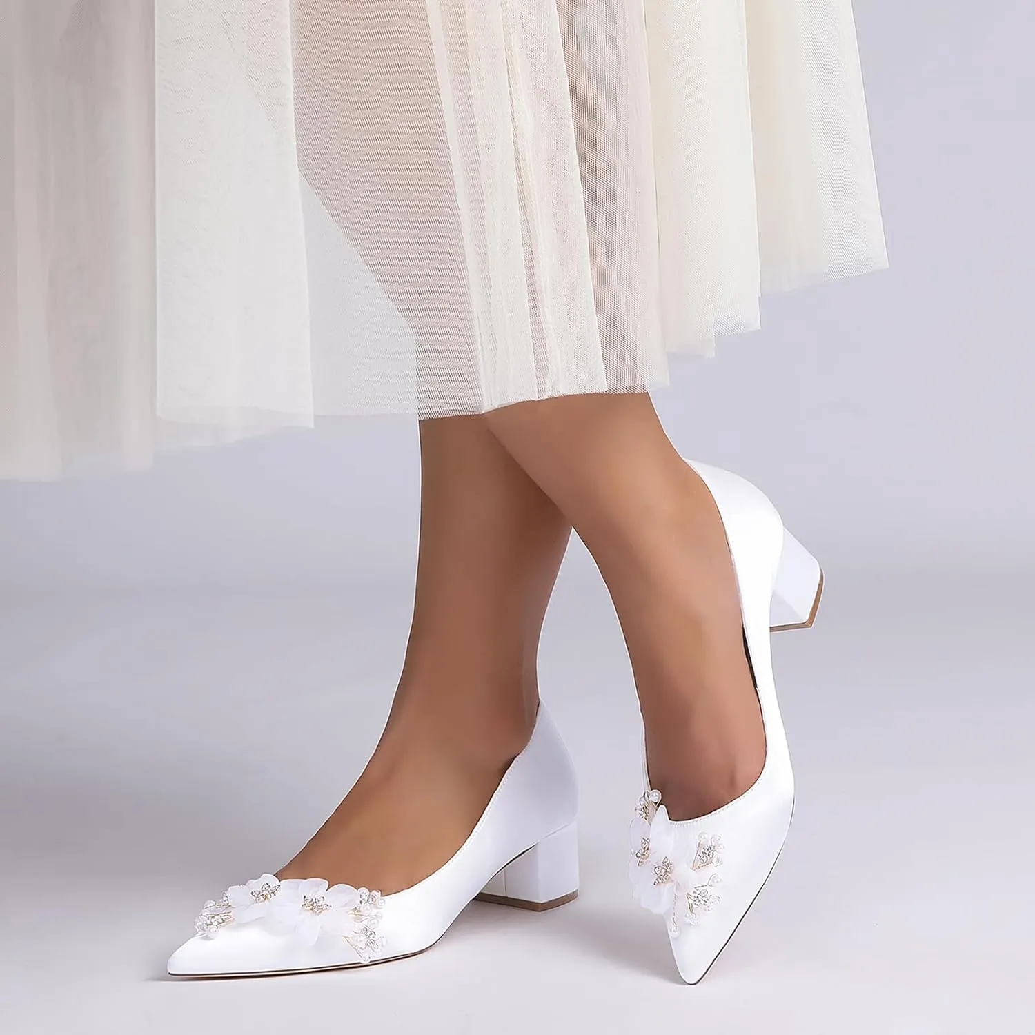 Bridal for Wedding Shoes Flowers Slip-On Heels Women Pumps Women Bride Sandals Closed Toe Dress Shoes Satin Prom Elegant Block Heel