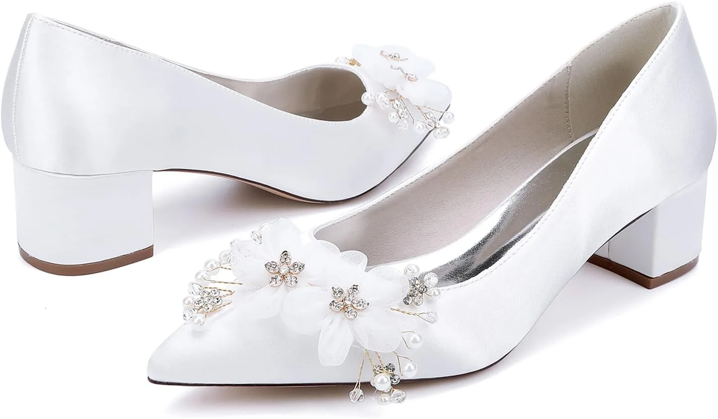 Bridal for Wedding Shoes Flowers Slip-On Heels Women Pumps Women Bride Sandals Closed Toe Dress Shoes Satin Prom Elegant Block Heel
