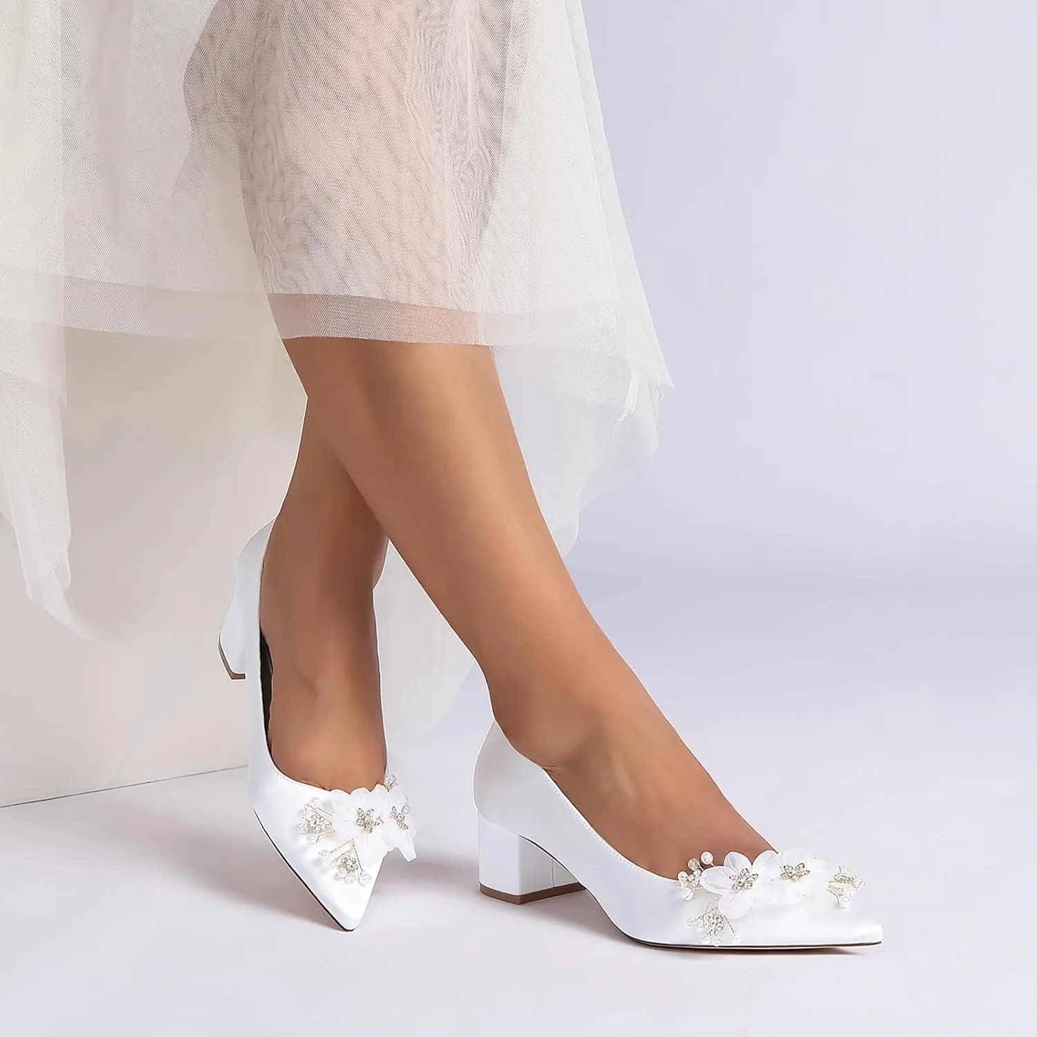 Bridal for Wedding Shoes Flowers Slip-On Heels Women Pumps Women Bride Sandals Closed Toe Dress Shoes Satin Prom Elegant Block Heel