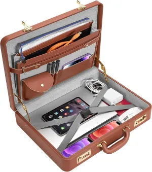 Briefcases - 18.1 x 3.47 x 16.14 Inch Attache Briefcase with Dual Combination Lock, PU Leather Locking Briefcase for Personal Items, Documents, Laptop, Phone, Passport, Valuables - Large/Brown