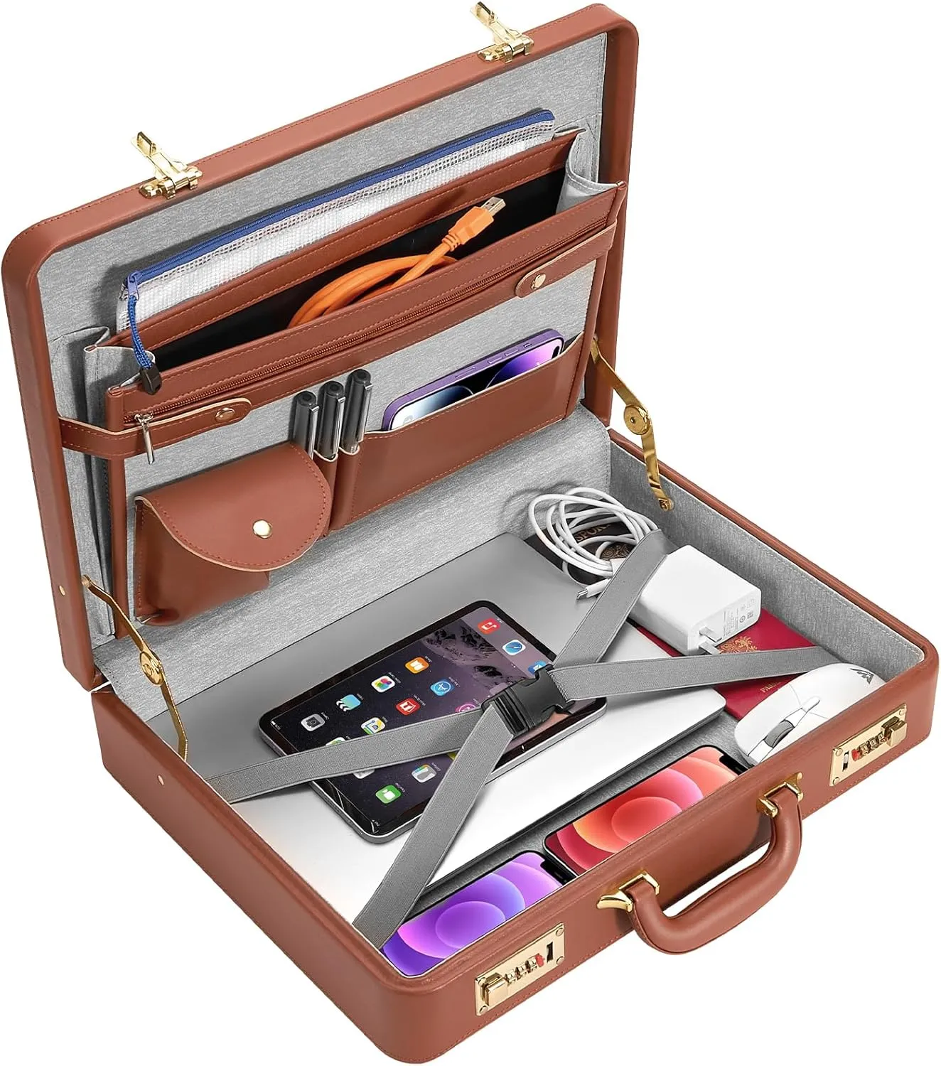 Briefcases - 18.1 x 3.47 x 16.14 Inch Attache Briefcase with Dual Combination Lock, PU Leather Locking Briefcase for Personal Items, Documents, Laptop, Phone, Passport, Valuables - Large/Brown
