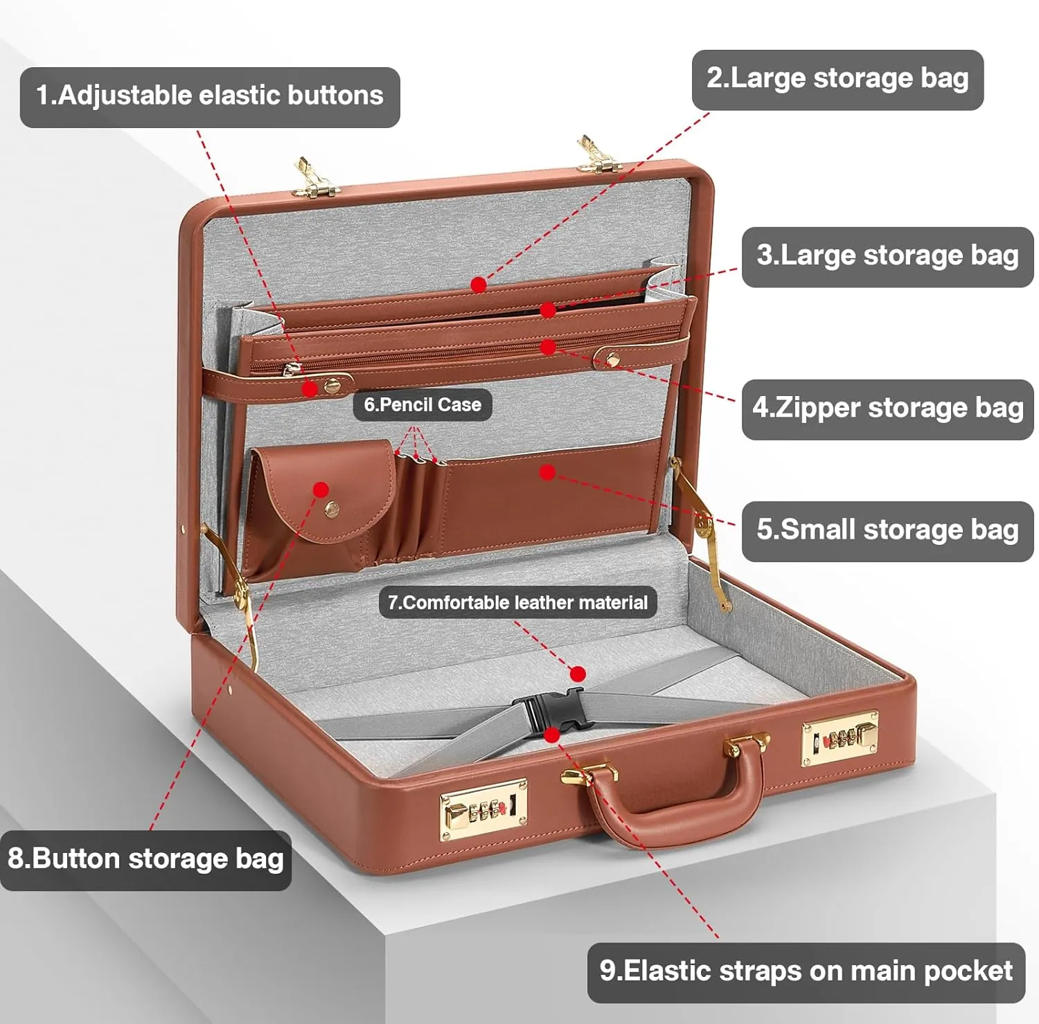 Briefcases - 18.1 x 3.47 x 16.14 Inch Attache Briefcase with Dual Combination Lock, PU Leather Locking Briefcase for Personal Items, Documents, Laptop, Phone, Passport, Valuables - Large/Brown
