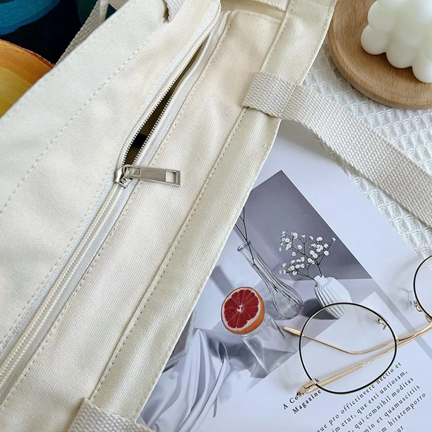 BROADREAM Canvas Tote Bag Aesthetic Shoulder Bag with Zippers and Interior Pocket