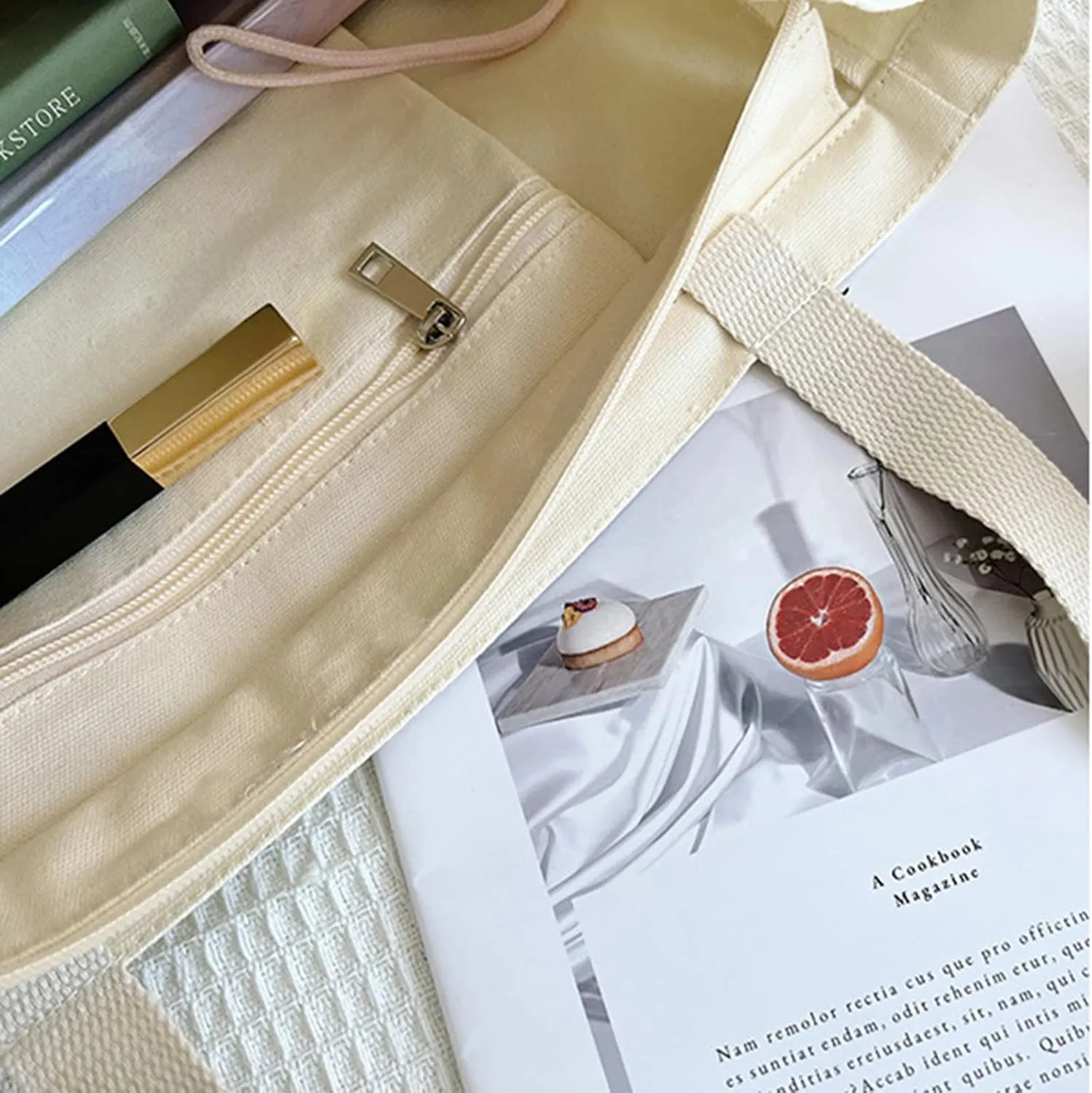 BROADREAM Canvas Tote Bag Aesthetic Shoulder Bag with Zippers and Interior Pocket