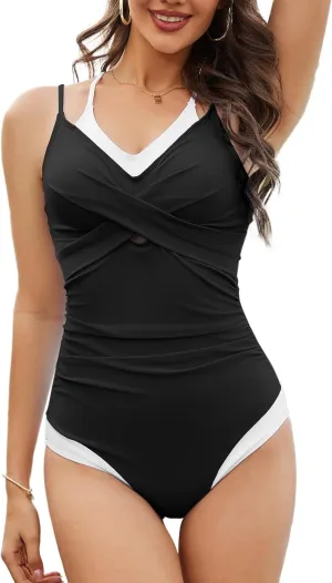 Bsubseach 2025 Tummy Control Bathing Suit Women One Piece Twist Front Swim Suits Criss Cross Slimming Ruched Swimsuits