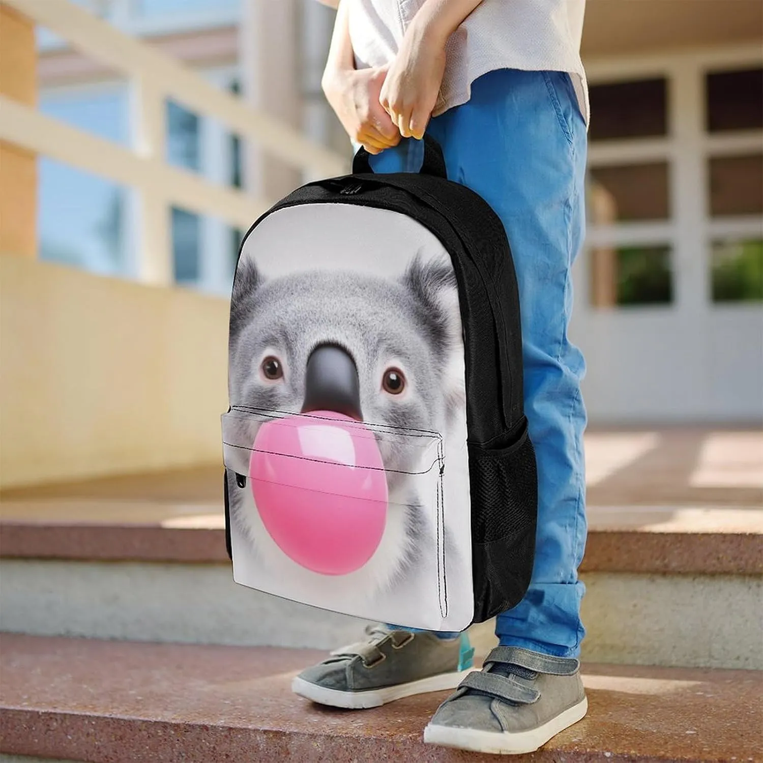 Bubble Gum Cute Funny Koala Daypack Backpack Polyester Anti-Theft Multipurpose Bookbag Big Capacity Travel Hiking & Camping Rucksack With Smooth Zippers