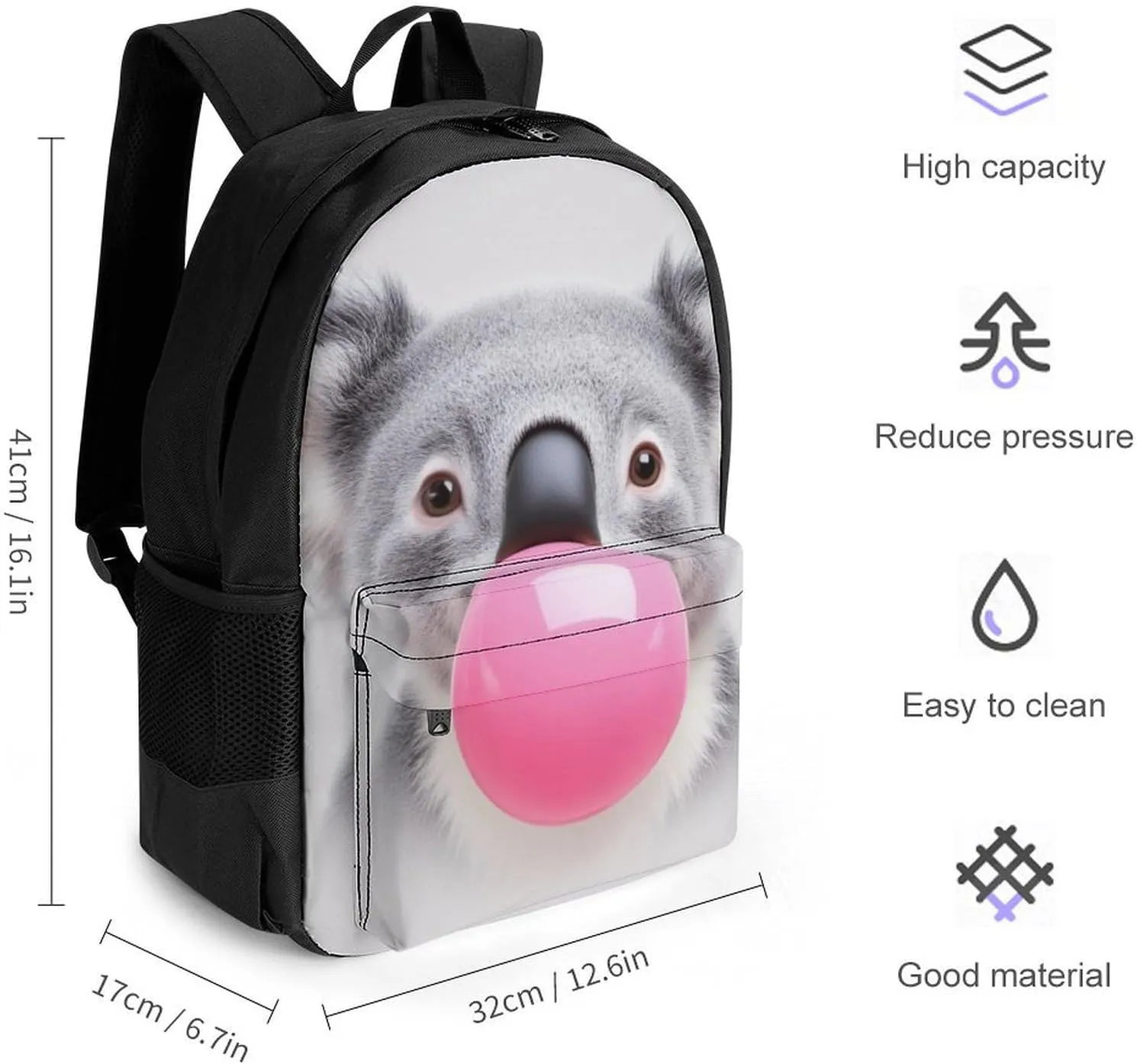 Bubble Gum Cute Funny Koala Daypack Backpack Polyester Anti-Theft Multipurpose Bookbag Big Capacity Travel Hiking & Camping Rucksack With Smooth Zippers