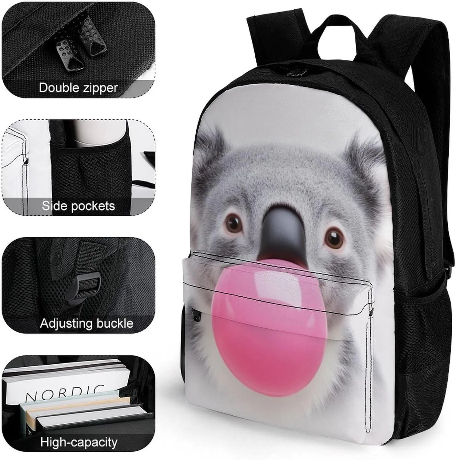 Bubble Gum Cute Funny Koala Daypack Backpack Polyester Anti-Theft Multipurpose Bookbag Big Capacity Travel Hiking & Camping Rucksack With Smooth Zippers