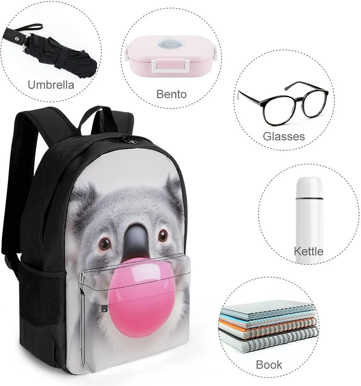 Bubble Gum Cute Funny Koala Daypack Backpack Polyester Anti-Theft Multipurpose Bookbag Big Capacity Travel Hiking & Camping Rucksack With Smooth Zippers