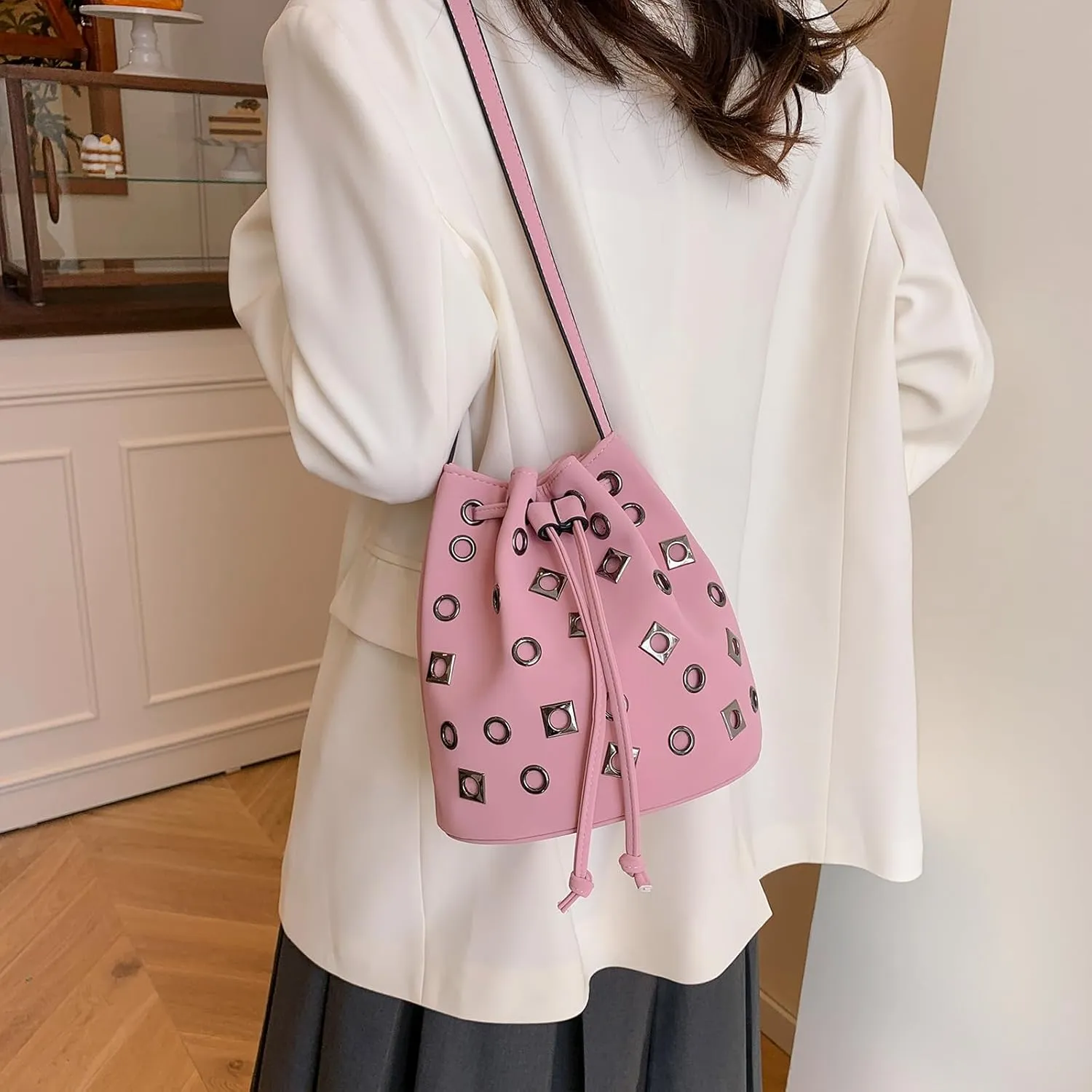 Bucket Bags for Women, Studded Purse Mini Leather Hobo Bag Y2K Trendy Studded Crossbody Bucket Handbags