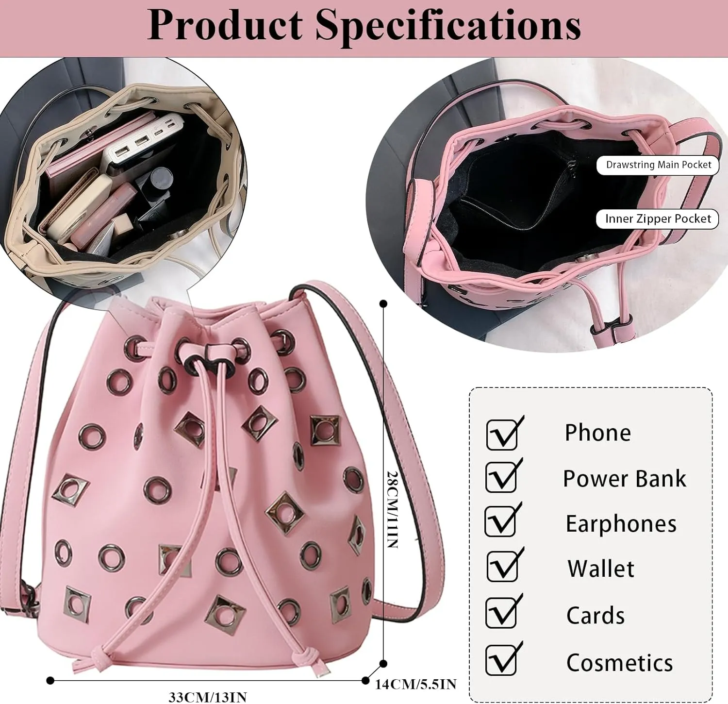 Bucket Bags for Women, Studded Purse Mini Leather Hobo Bag Y2K Trendy Studded Crossbody Bucket Handbags