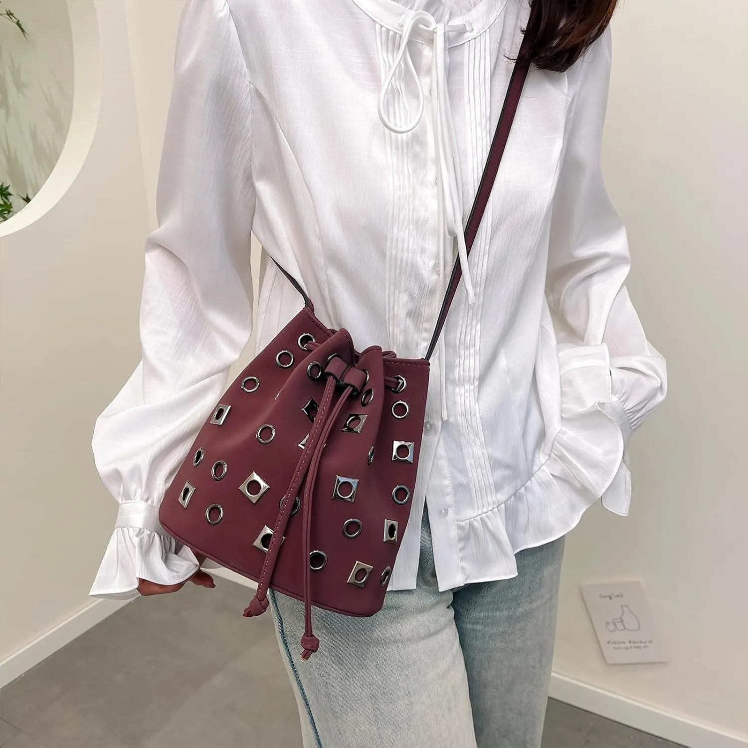 Bucket Bags for Women, Studded Purse Mini Leather Hobo Bag Y2K Trendy Studded Crossbody Bucket Handbags