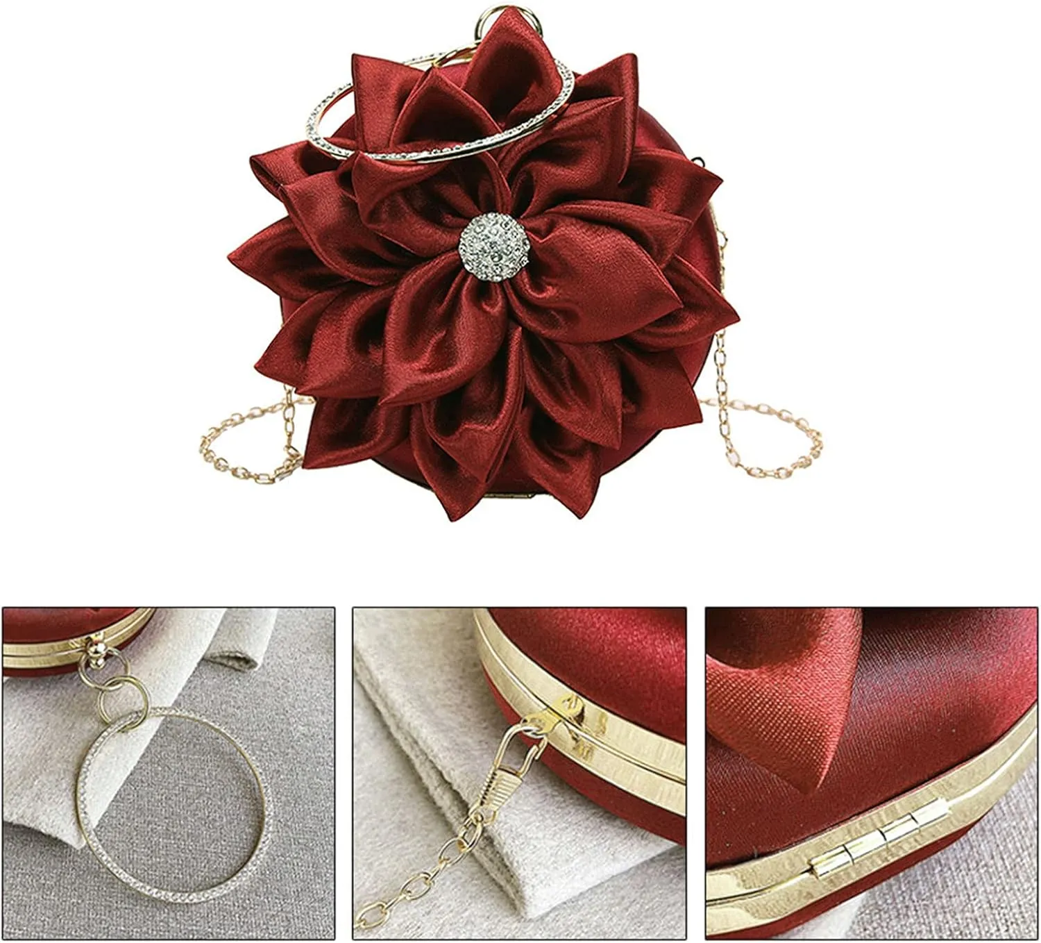 Buddy Women Rose Shaped Clutch Soft Satin Wristlet Handbag Wedding Party Purse