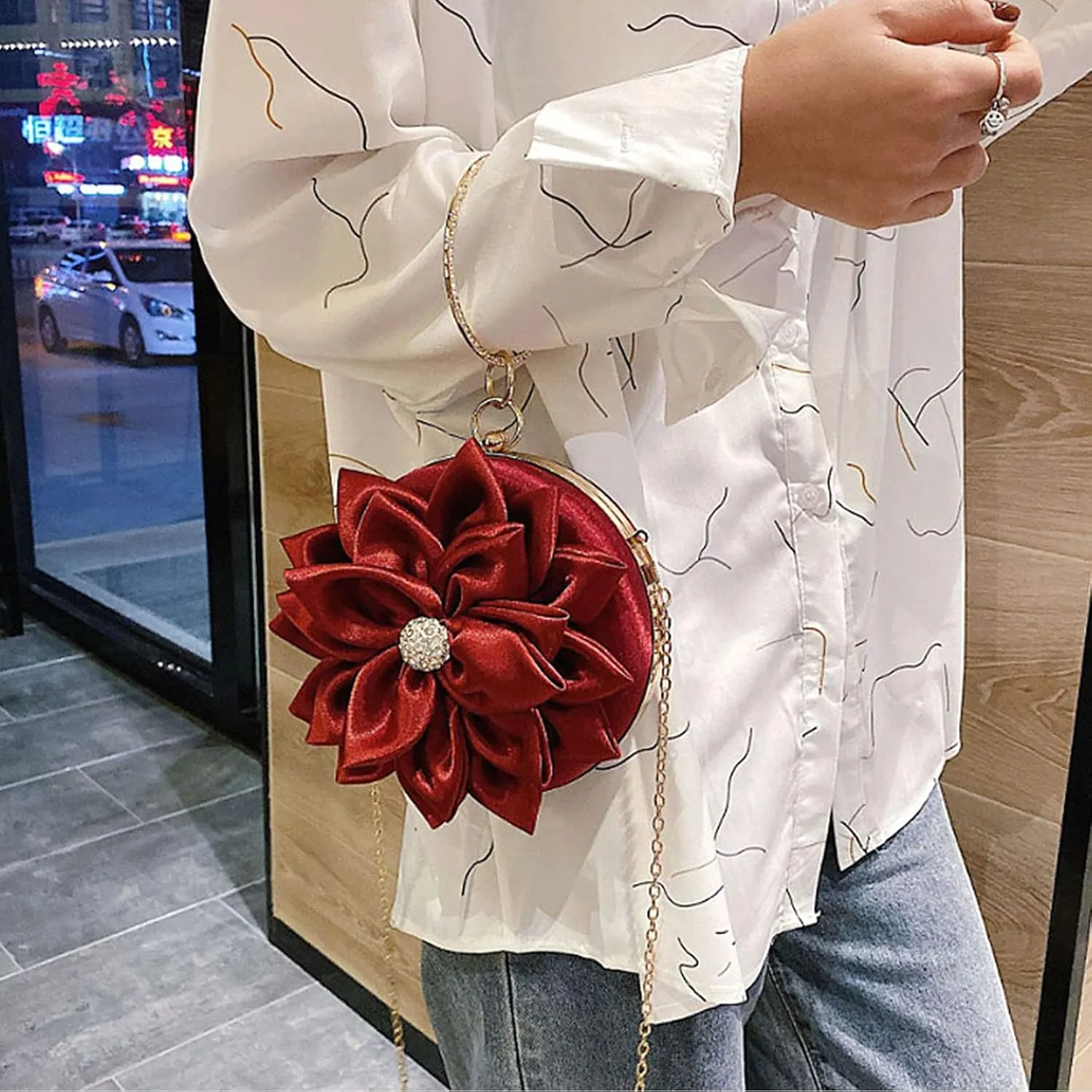 Buddy Women Rose Shaped Clutch Soft Satin Wristlet Handbag Wedding Party Purse