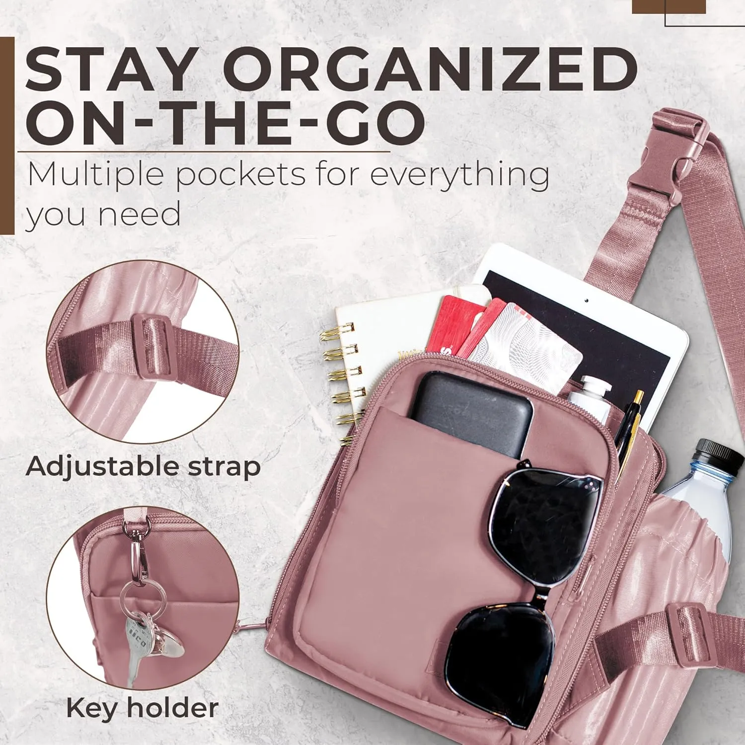 BUNSO Everyday Small Crossbody Bags for Women, Water-Resistant Sling Bag for Men with Waterbottle Holder, 7” x 2.5” x 9”