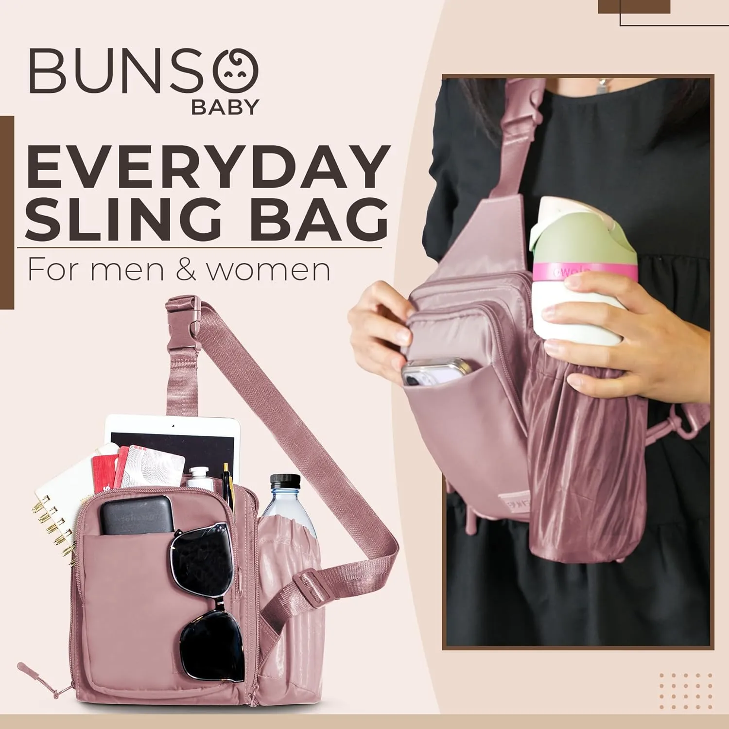 BUNSO Everyday Small Crossbody Bags for Women, Water-Resistant Sling Bag for Men with Waterbottle Holder, 7” x 2.5” x 9”