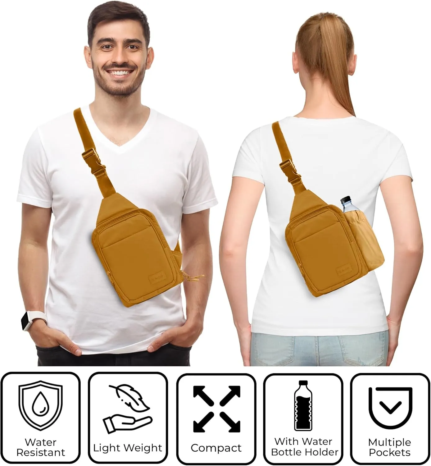 BUNSO Everyday Small Crossbody Bags for Women, Water-Resistant Sling Bag for Men with Waterbottle Holder, 7” x 2.5” x 9”